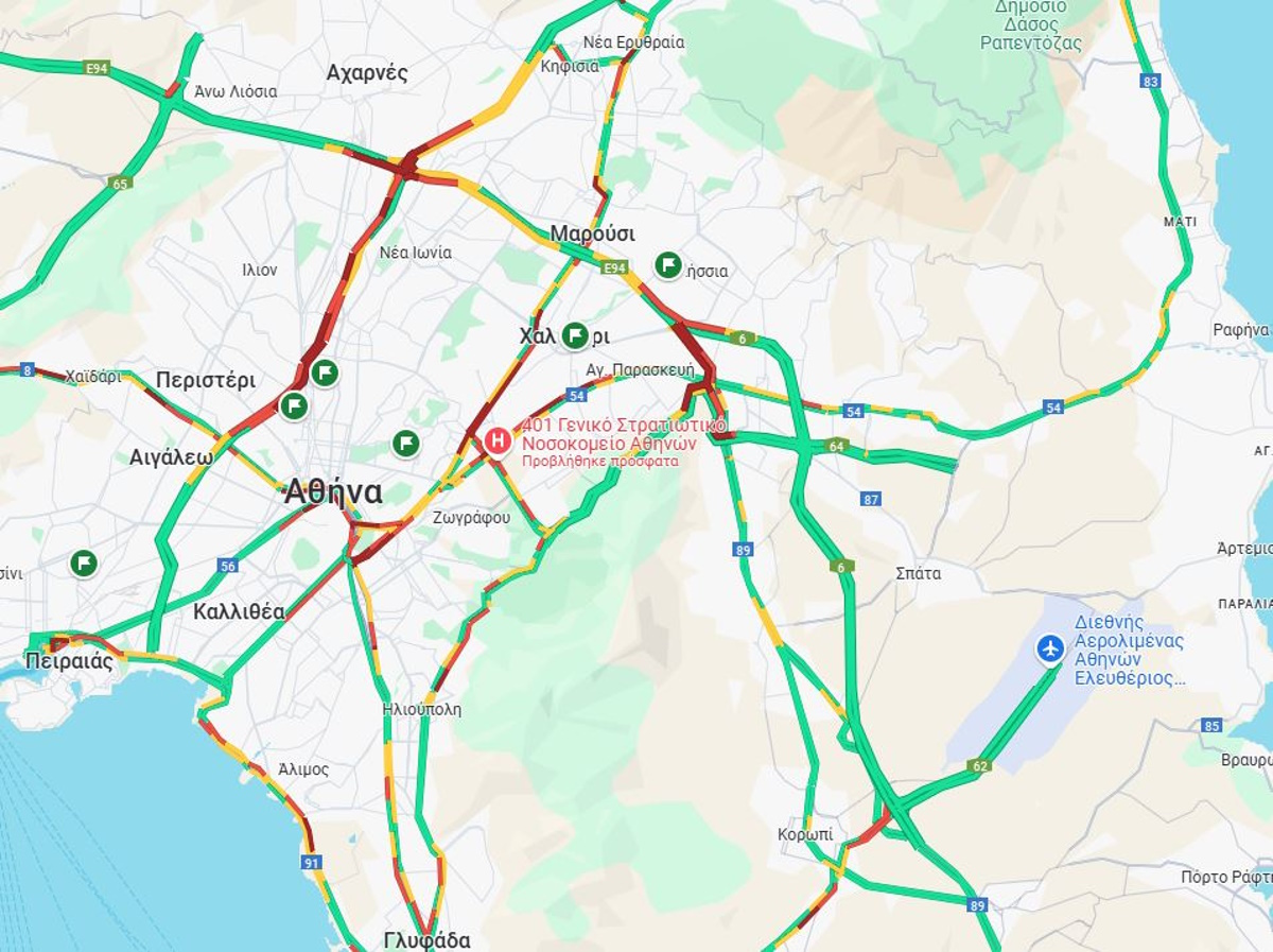 Χάρτης δείχνει την κίνηση στους δρόμους της Αττικής