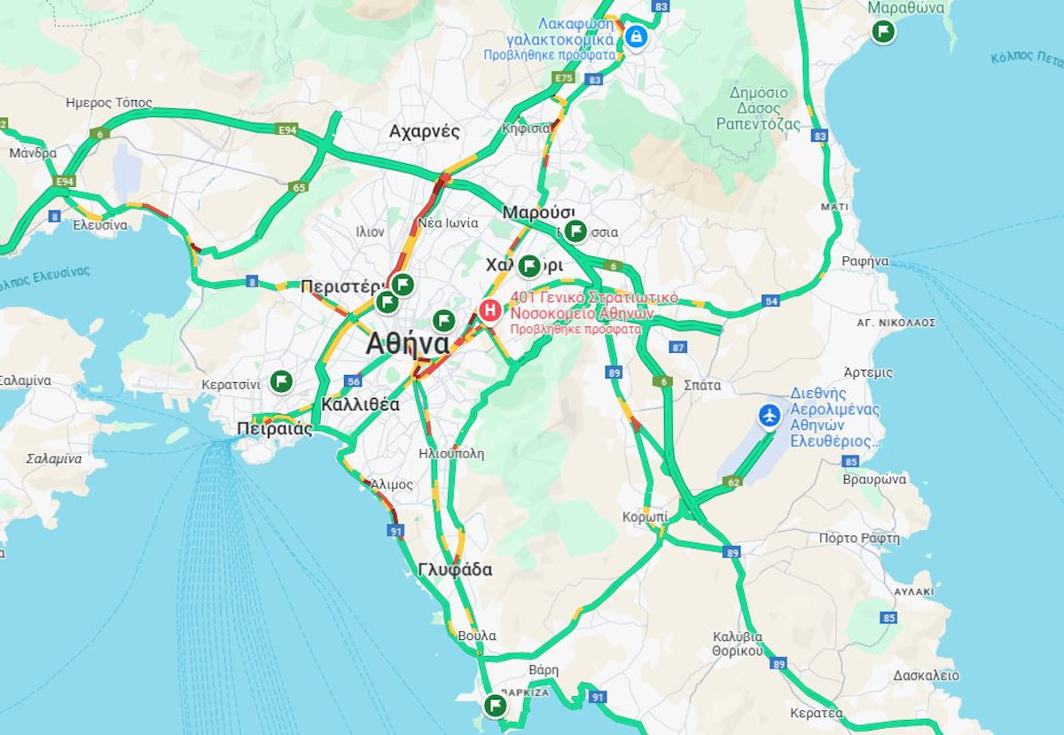 Χάρτης δείχνει την κίνηση στους δρόμους της Αττικής