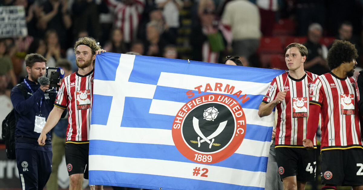 Sheffield United celebrated the qualification in the Championship final with a Greek flag for George Baldok