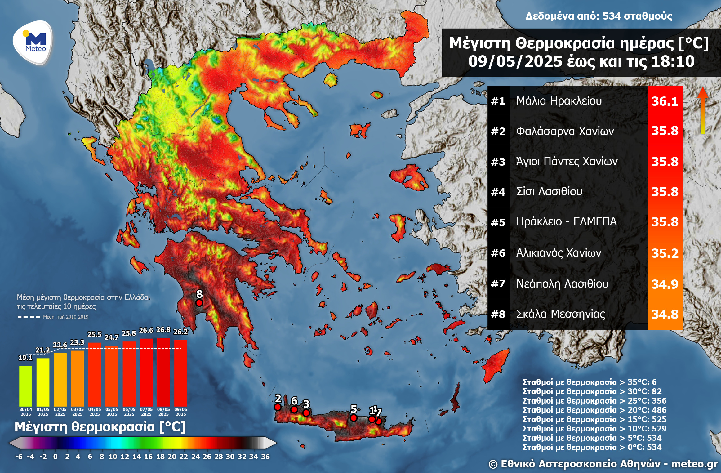 Χάρτης του meteo με τις υψηλότερες θερμοκρασίες της Παρασκευής 9 Μαΐου 2025