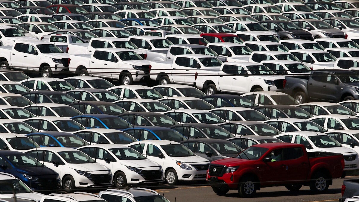 A general view shows vehicles parked at the Nissan CIVAC plant