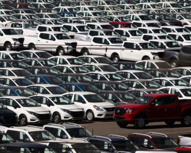 A general view shows vehicles parked at the Nissan CIVAC plant