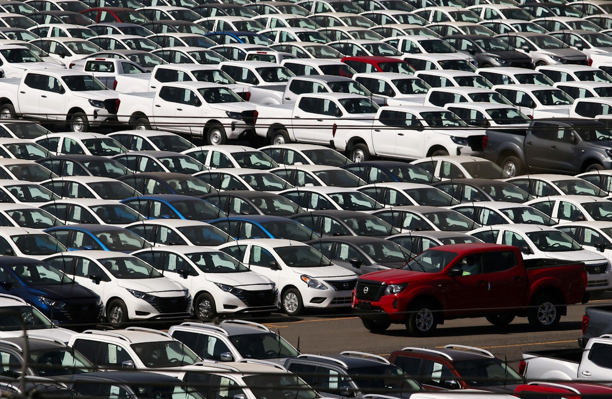 A general view shows vehicles parked at the Nissan CIVAC plant