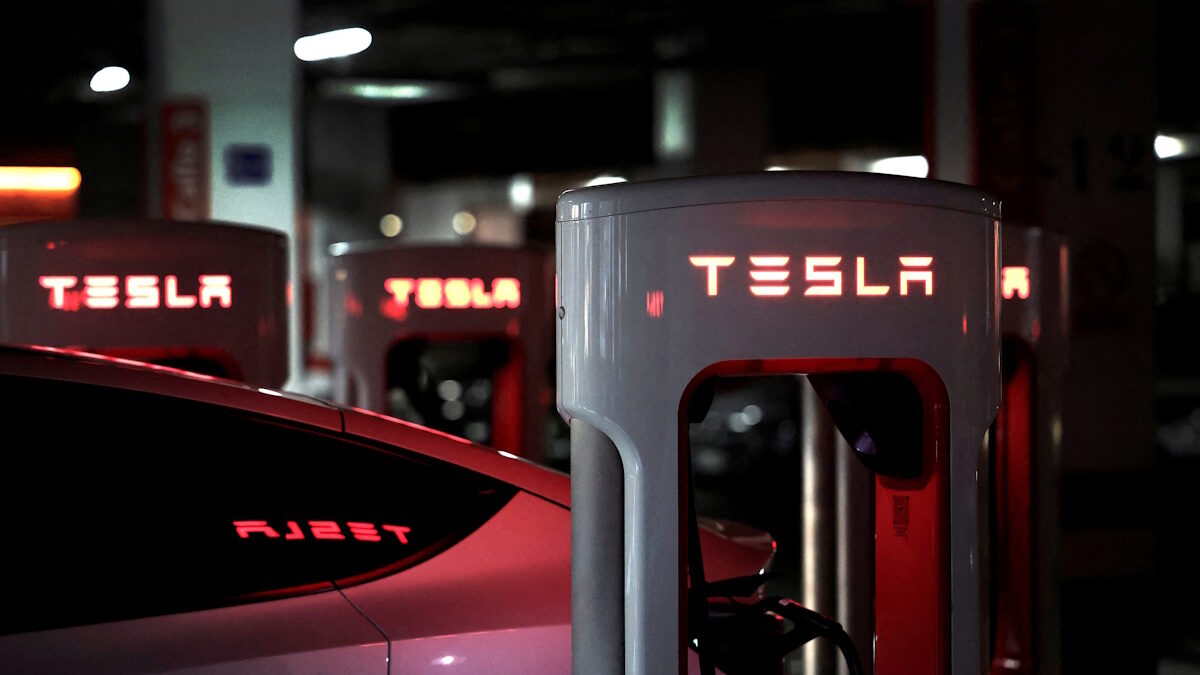A Tesla electric vehicle is charged