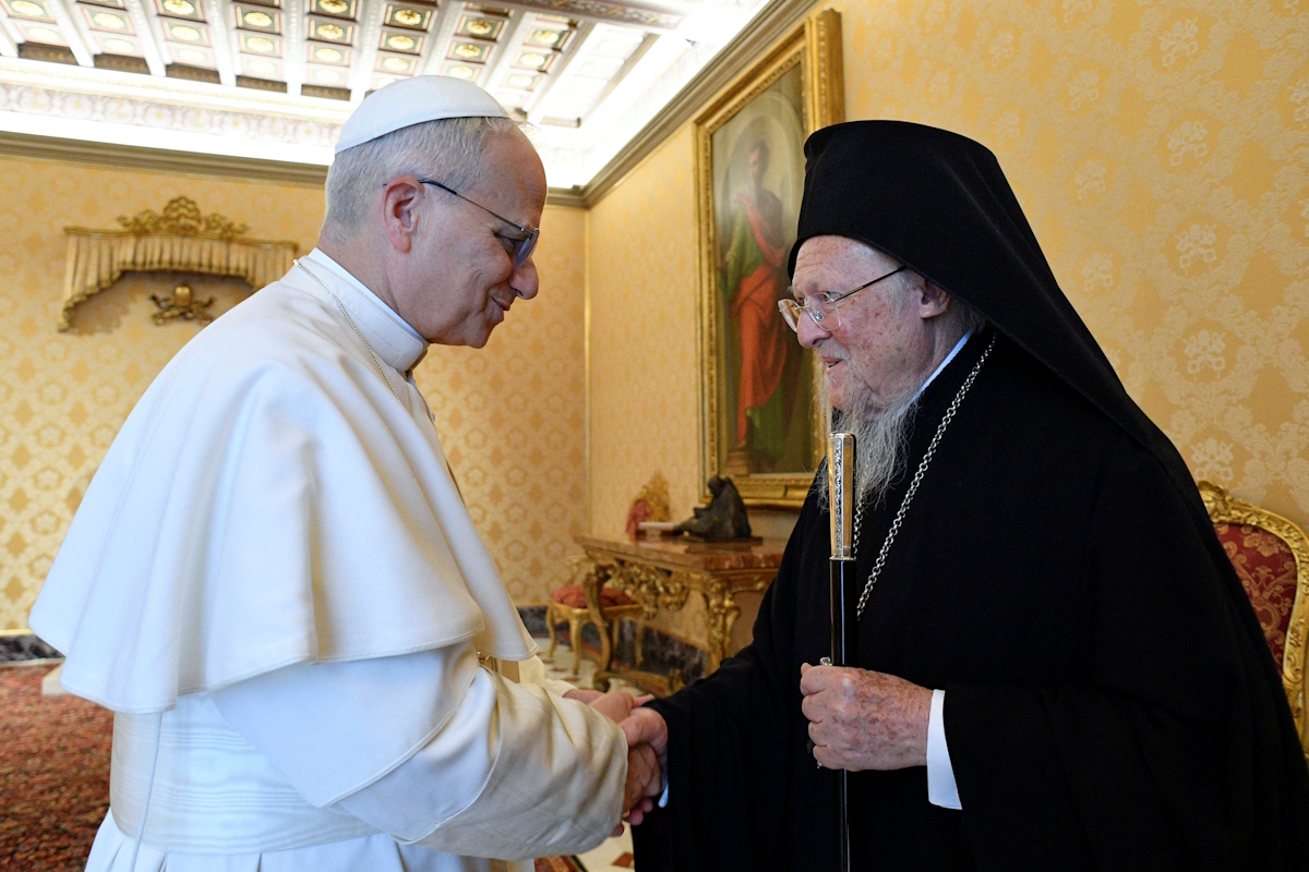 Pope Leo ID meets the Ecumenical Patriarch of Constantinople Bartholomew in the Vatican