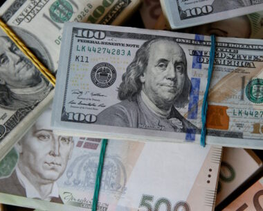 dollar, euro and Ukrainian hryvnia banknotes