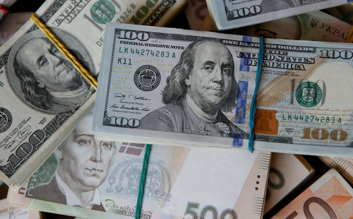 dollar, euro and Ukrainian hryvnia banknotes
