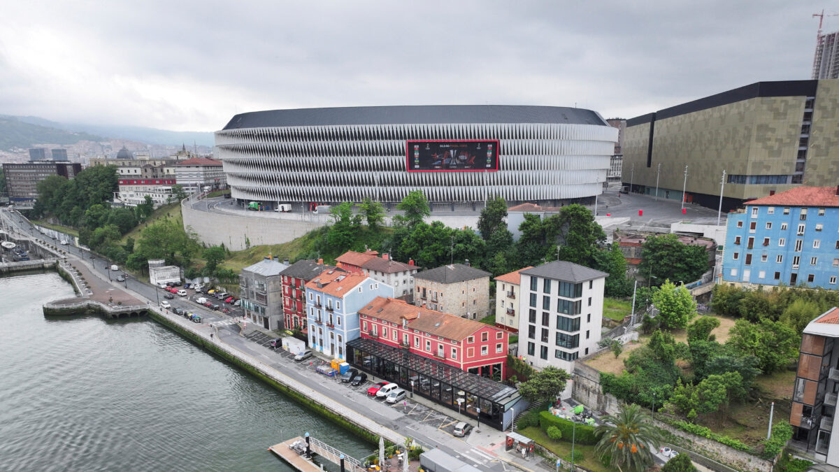 A drone view shows San Mames stadium, ahead of the Europa League final between Tottenham Hotspur and Manchester United, in Bilbao, Spain, May 19, 2025. REUTERS