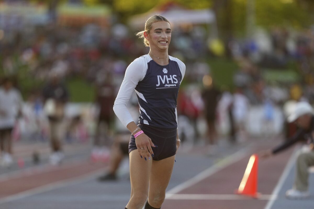 Transgender athlete AB Hernandez of Jurupa Valley competes in the girls triple jump during the CIF State Track and Field Championships at Veterans Memorial Stadium, Friday, May 30, 2025, in Clovis, Calif. (Kirby Lee via AP)