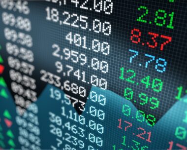 close-up view of a stock market data board (3d render)