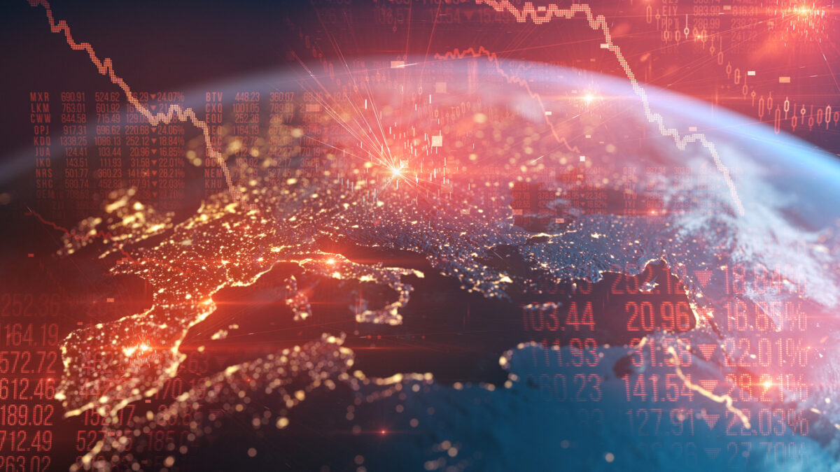Europe seen from space, combined with declining financial charts