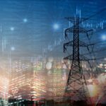 market stock graph and index information with city light and electricity and energy facility industry and business background