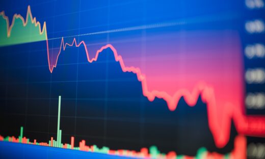 Economic 2024 stock exchange market index showing stock chart down and in red negative territory. TradingView