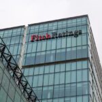 London. UK-03.30.2022. The offices and signage of the American rating agency Fitch Ratings in Canary Wharf.