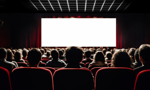 Cinema blank screen and people in red chairs in the cinema hall