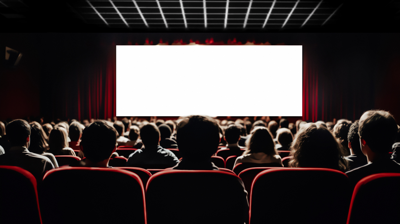 Cinema blank screen and people in red chairs in the cinema hall