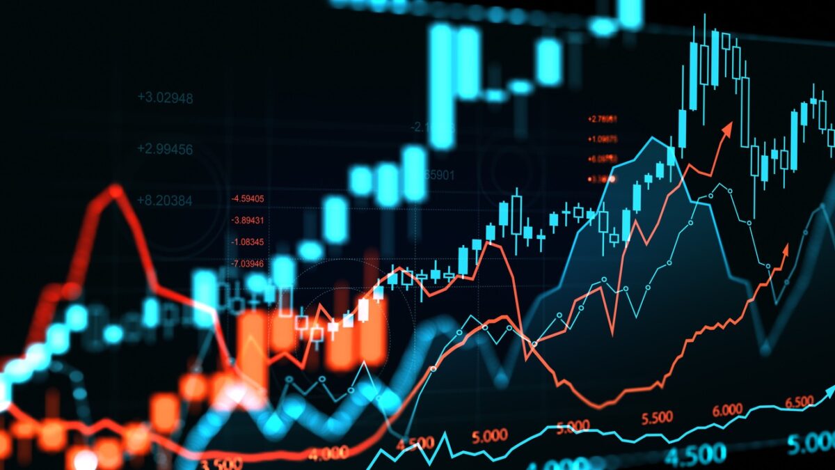 Forex stock market hologram, candlesticks dynamics and statistics, bar chart with numbers. Concept of online trading, trend and finance. 3D rendering illustration