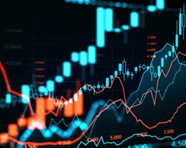Forex stock market hologram, candlesticks dynamics and statistics, bar chart with numbers. Concept of online trading, trend and finance. 3D rendering illustration
