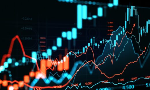 Forex stock market hologram, candlesticks dynamics and statistics, bar chart with numbers. Concept of online trading, trend and finance. 3D rendering illustration