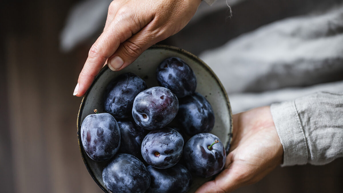 Close-up of woman hands holding blow of plums. Female with fresh plums in hands.