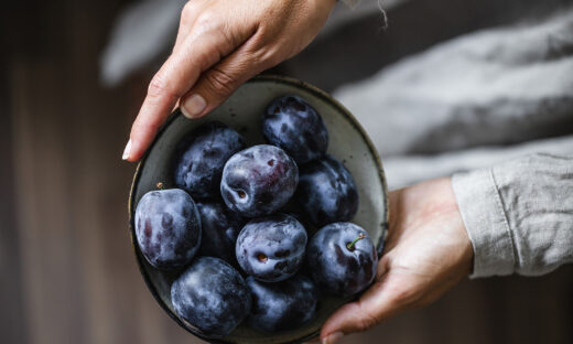 Close-up of woman hands holding blow of plums. Female with fresh plums in hands.
