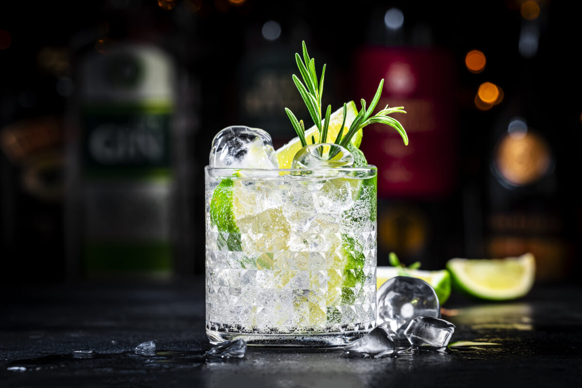 Gin tonic and rosemary cocktail drink with lime juice, sugar syrup, soda and ice. Black bar counter background