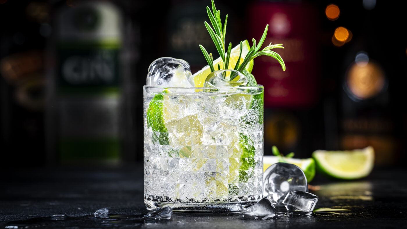 Gin tonic and rosemary cocktail drink with lime juice, sugar syrup, soda and ice. Black bar counter background