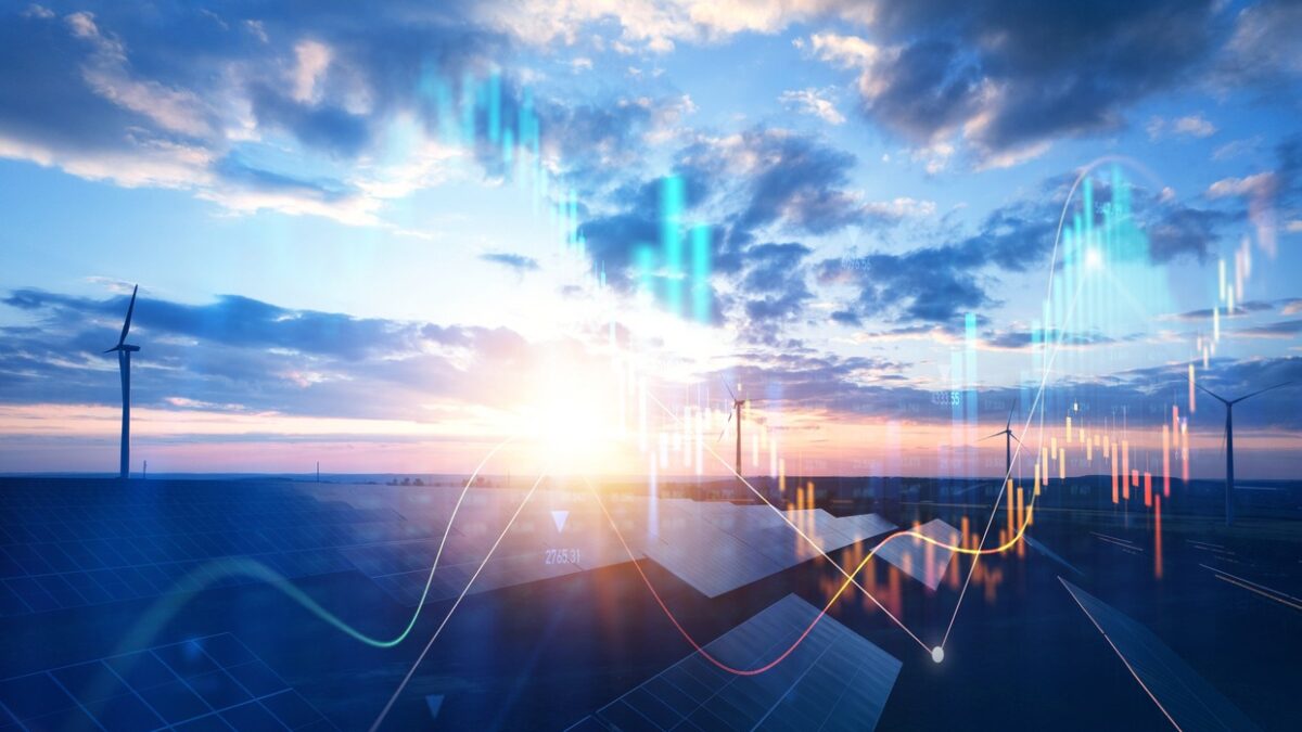 Photovoltaic power station with double exposure of digital financial chart graphs and stock market