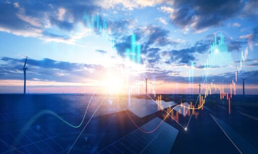 Photovoltaic power station with double exposure of digital financial chart graphs and stock market