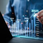 Businessman analyzes the graph of trend market growth in 2025 and plans business growth and profit increase in the year 2025. plan finances of the business