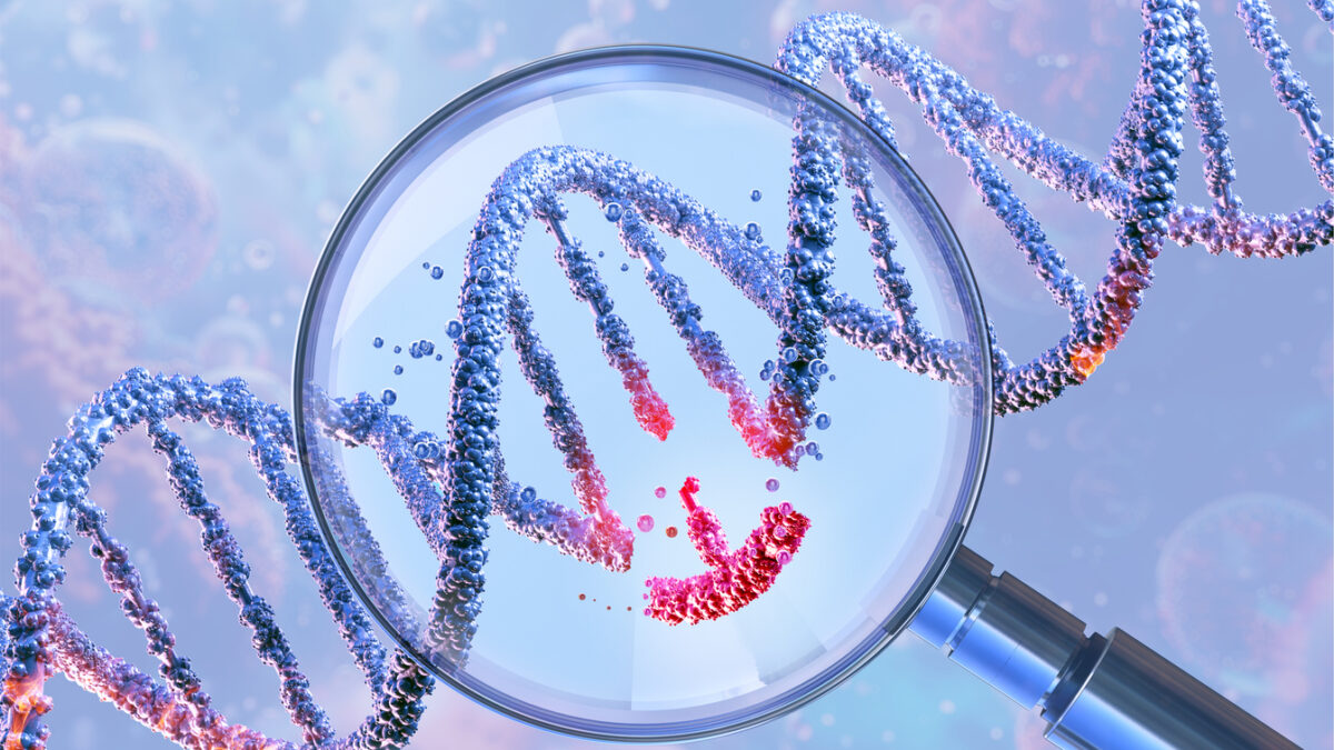DNA double helix under a magnifying glass, symbolizing genetic engineering and gene manipulation. CRISPR technology, genome editing, molecular biotechnology, genetic science research, gene therapy. 3D illustration