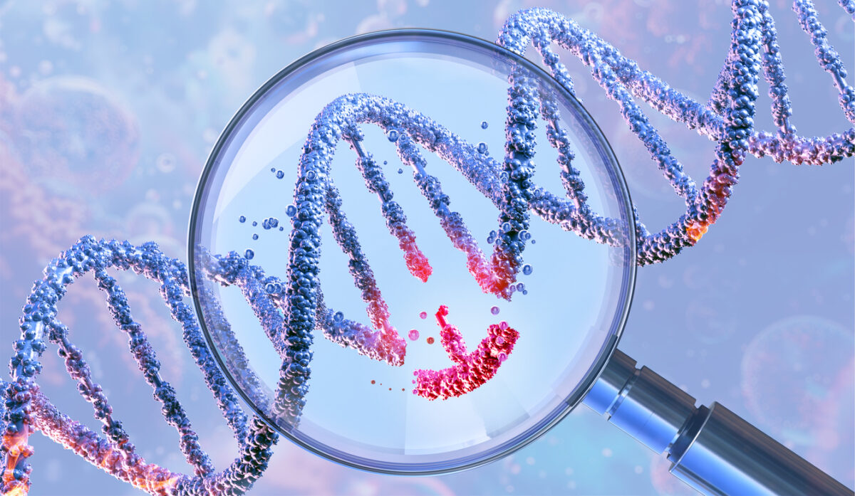 DNA double helix under a magnifying glass, symbolizing genetic engineering and gene manipulation. CRISPR technology, genome editing, molecular biotechnology, genetic science research, gene therapy. 3D illustration