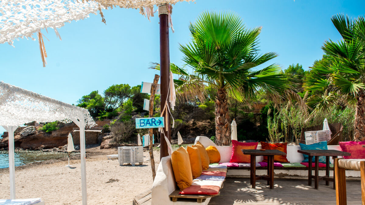 Outdoor bar on the beach of Ibiza. Balearic Islands. Spain