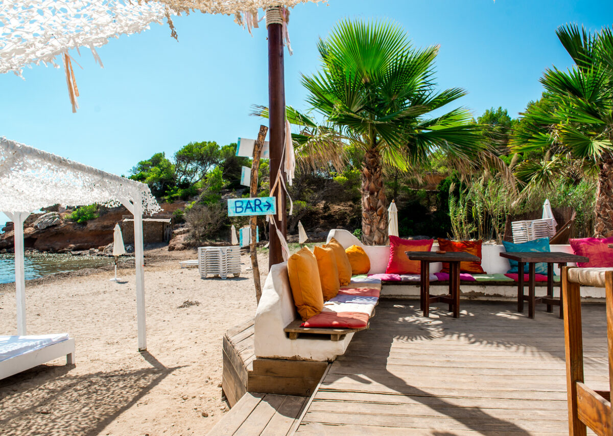 Outdoor bar on the beach of Ibiza. Balearic Islands. Spain
