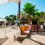 Outdoor bar on the beach of Ibiza. Balearic Islands. Spain