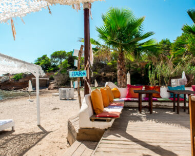 Outdoor bar on the beach of Ibiza. Balearic Islands. Spain