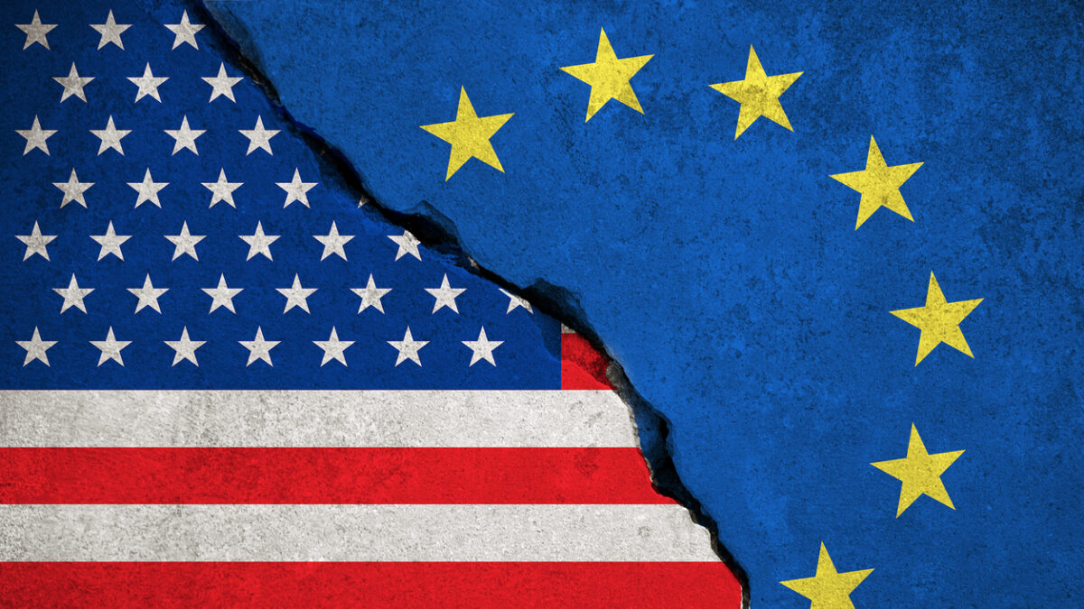 blue european union EU flag on broken wall and half usa united states of america flag, crisis trump president and europe euro concept