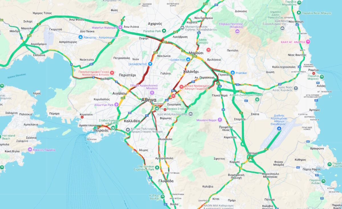 Χάρτης με την κίνηση στους δρόμους της Αθήνας