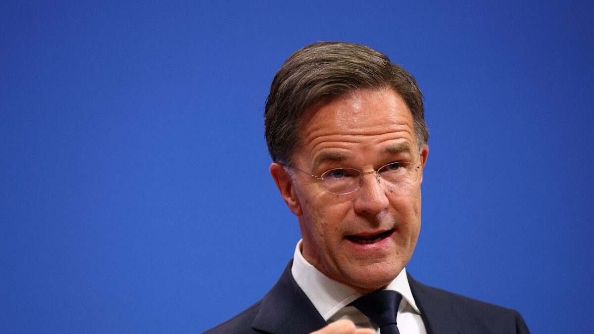 NATO Secretary General Mark Rutte attends a press conference with German Chancellor Friedrich Merz at the alliance's headquarters in Brussels, Belgium, May 9, 2025.