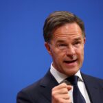NATO Secretary General Mark Rutte attends a press conference with German Chancellor Friedrich Merz at the alliance's headquarters in Brussels, Belgium, May 9, 2025.
