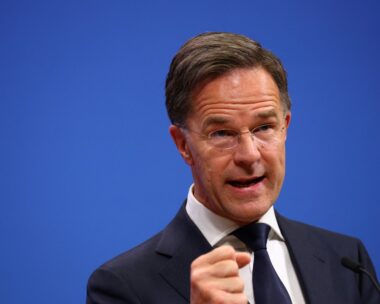 NATO Secretary General Mark Rutte attends a press conference with German Chancellor Friedrich Merz at the alliance's headquarters in Brussels, Belgium, May 9, 2025.