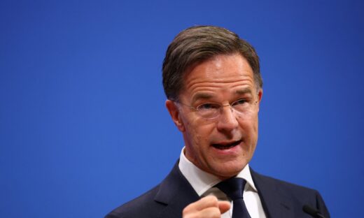 NATO Secretary General Mark Rutte attends a press conference with German Chancellor Friedrich Merz at the alliance's headquarters in Brussels, Belgium, May 9, 2025.