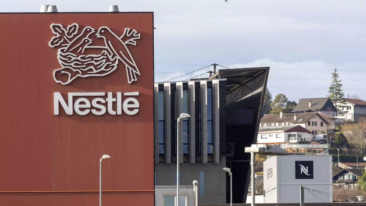 FILE PHOTO: A logo of food giant Nestle is seen in a building in Orbe, Switzerland, February 9, 2024.