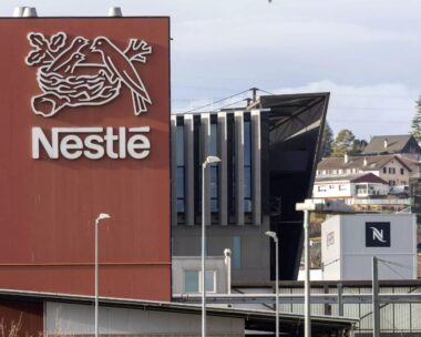 FILE PHOTO: A logo of food giant Nestle is seen in a building in Orbe, Switzerland, February 9, 2024.