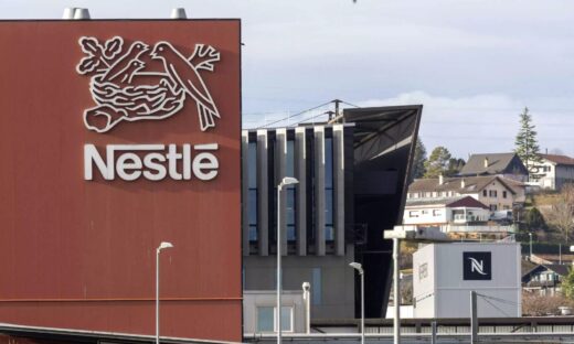 FILE PHOTO: A logo of food giant Nestle is seen in a building in Orbe, Switzerland, February 9, 2024.