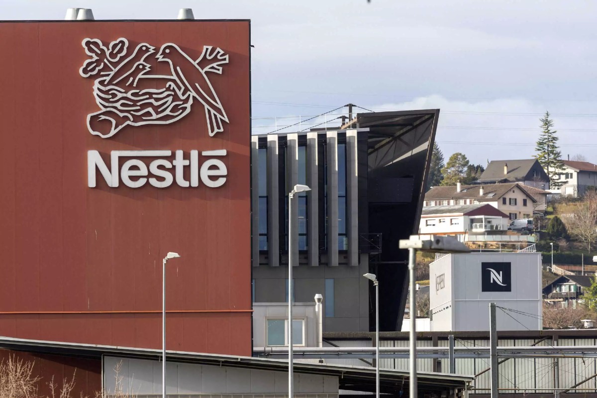 FILE PHOTO: A logo of food giant Nestle is seen in a building in Orbe, Switzerland, February 9, 2024.