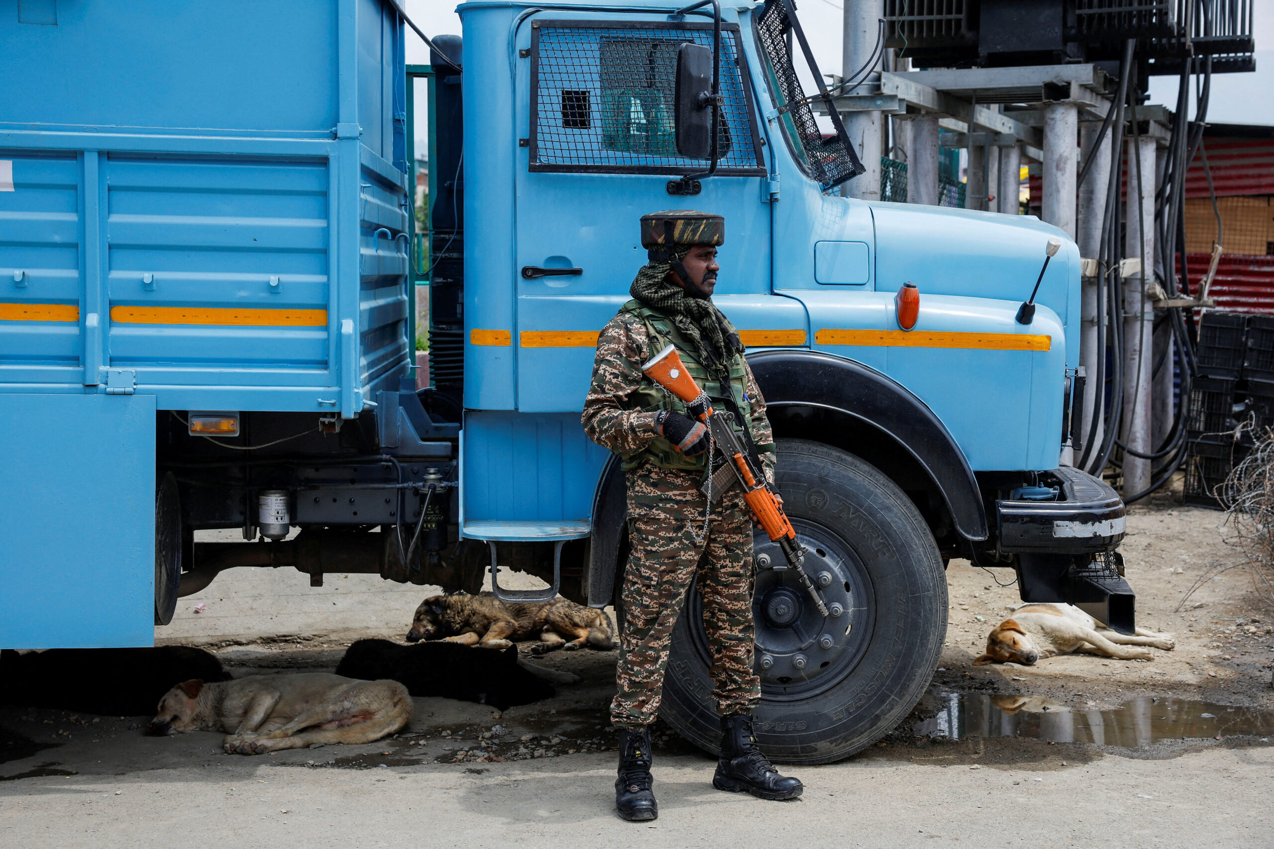 An Indian security force personnel stands guard on a street next to sleeping dogs, following the Pahalgam attack in south Kashmir, in Srinagar, May 5, 2025. REUTERS