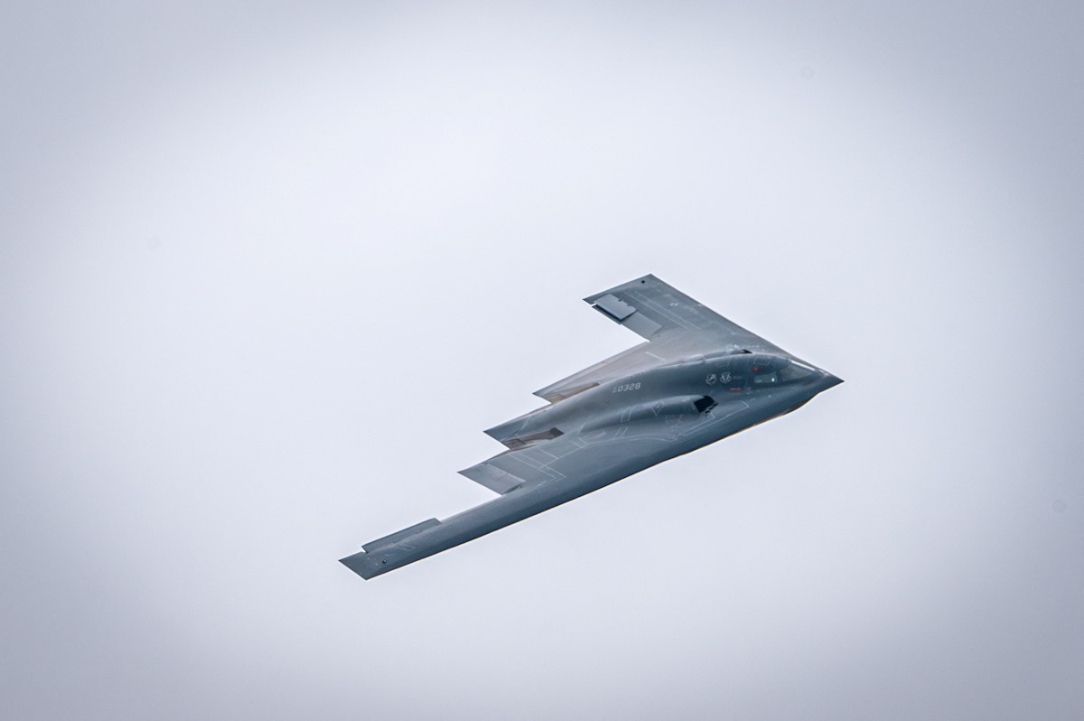 U.S. Air Force B-2 Spirit bomber, assigned to the 509th Bomb Wing out of Whiteman Air Force Base, Missouri, performs a fly-over during the Speed of Sound Airshow, at Rosecrans Air National Guard Base in St. Joseph, Missouri, U.S. September 14, 2024.  U.S. Air National Guard