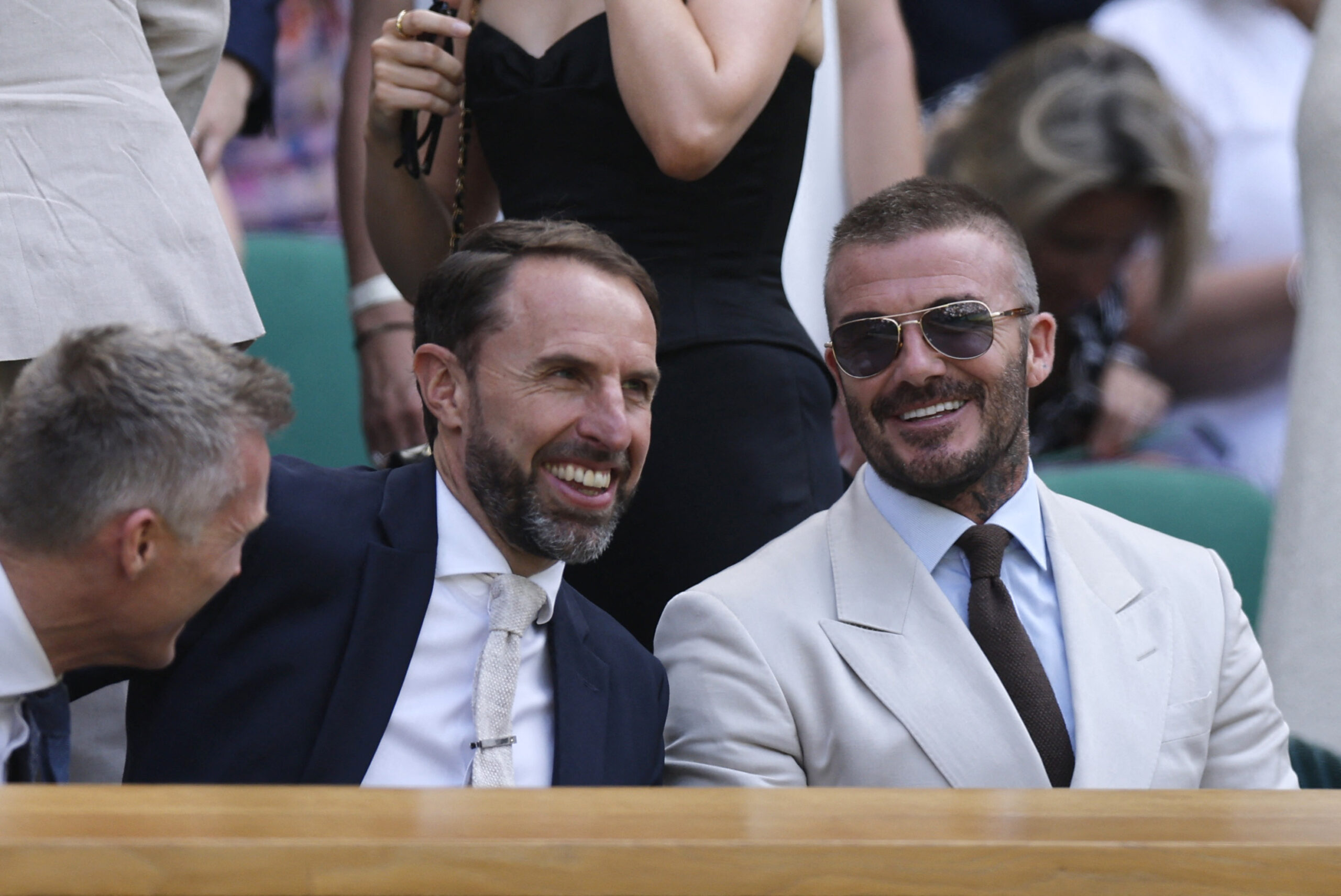 Tennis - Wimbledon - All England Lawn Tennis and Croquet Club, London, Britain - June 30, 2025 Former England footballer and Inter Miami CF co-owner David Beckham with former England footballer and manager Gareth Southgate are seen in the Royal Box ahead of the first round match between Spain's Carlos Alcaraz and Italy's Fabio Fognini REUTERS