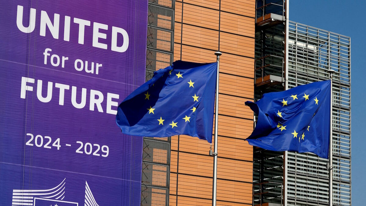 European Union flags flutter outside the European Commission
